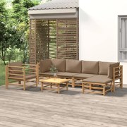 7 pcs conj. lounge jardim bambu c/ almofadões cinza-acastanhado