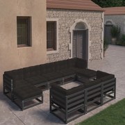 10 pcs conjunto lounge jardim c/ almofadões pinho maciço preto