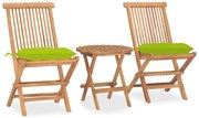 vidaXL 3 pcs conj. jantar dobrável exterior c/ almofadão teca maciça