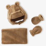 Conjunto chapka, gola snood e luvas em sherpa, para bebé  bege-areia