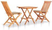 vidaXL Conjunto bistrô c/ almofadões beges 3 pcs teca maciça