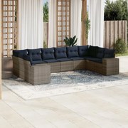 vidaXL 10 pcs conjunto sofás p/ jardim c/ almofadões vime PE cinzento
