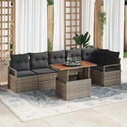 vidaXL Conjunto de Sofá de Jardim de 7 Peças com Almofadas em Rattan Poliéster Cinza e Madeira de Acácia