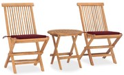vidaXL 3 pcs conj. jantar dobrável exterior c/ almofadão teca maciça