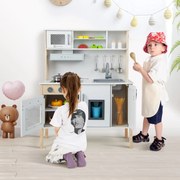 Cozinha de brincar em madeira 72 x 30 x 90 cm com micro-ondas, exaustor, fogão, lava-loiça, forno, máquina de gelo, 18 acessórios, botões, sons e toal