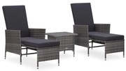 3 pcs conjunto lounge de jardim c/ almofadões vime PE cinzento