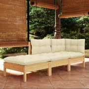 3 pcs conjunto lounge jardim c/ almofadões creme pinho maciço