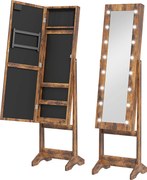 HOMCOM Armário de Joias com Espelho Regulável e Luzes LED 36x30x136 cm Castanho Rústico | Aosom Portugal