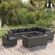 9 pcs conjunto lounge de jardim c/ almofadões vime PE cinzento