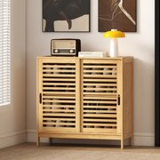 Sapateira de Bambu com 2 Portas de Correr de Ripas Sapateira de Entrada com Prateleiras Ajustáveis para 16 Pares de Sapatos 80x35x80 cm Madeira