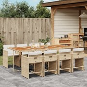 vidaXL 9 pcs conjunto de jantar p/ jardim com almofadões vime PE bege