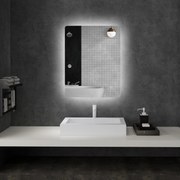Espelho retangular de parede com iluminação LED para casa de banho, 80 x 60 cm, luminosidade regulável, branco transparente