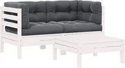 vidaXL 3 pcs conjunto lounge jardim c/ almofadões pinho maciço branco