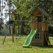 Parque Exterior infantil com Casa de madeira e escorrega TIBIDABO L e Baloiço Duplo