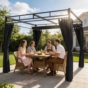 Pérgola de Jardim 295x295x221 cm com Teto Retrátil e Cortinas UPF30+ Estrutura Metálica Pérgola para Exterior Cinzento Escuro
