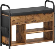 Banco de sapatos VASAGLE, sapateira, móvel para entrada, compartimento interno sob a tampa, bolsos de PU, alças práticas, para entrada, sala de estar, quarto, marrom rústico e preto-escuro ULSB052K01