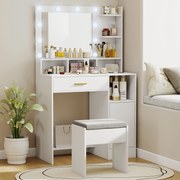 Toucador de Maquilhagem com Luzes LED Banco Espelho 3 Cores 10 Lâmpadas Gaveta Prateleiras e Compartimentos Branco