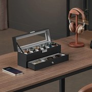 Caixa para relógios com 2 níveis 10 x 32,5 x 13,5 cm, revestimento em PU preto e forro interior cinzento