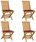 vidaXL Cadeiras jardim c/ almofadões vermelho tinto 4 pcs teca maciça