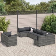 9 pcs conjunto sofás p/ jardim com almofadões vime PE cinzento