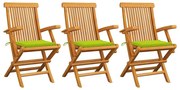 vidaXL Cadeiras jardim c/ almofadões verde brilhante 3 pcs teca maciça