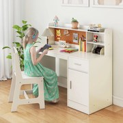 Conjunto de secretaria e cadeira infantil com estante, gaveta, armário, quadro de cortiça e banco com encosto inclinado 109,5 x 48 x 100,5 cm Branco