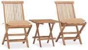vidaXL 3 pcs conj. jantar dobrável exterior c/ almofadão teca maciça