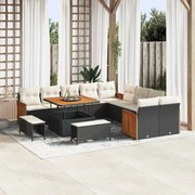 vidaXL Conjunto de sofá de jardim com 13 peças, almofadas em rattan preto e madeira de acácia.