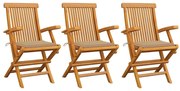 vidaXL Cadeiras de jardim c/ almofadões beges 3 pcs teca maciça