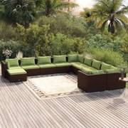 11 pcs conjunto lounge de jardim c/ almofadões vime PE castanho