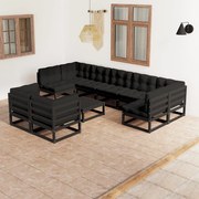 10 pcs conjunto lounge jardim c/ almofadões pinho maciço preto