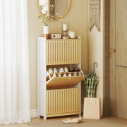 Sapateira Estreita com 3 Portas de Bambu Prateleiras Ajustáveis para 18 Pares de Sapatos 60x24x118 cm Branco e Madeira