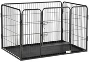 PawHut Barreira de Segurança para Animais de Estimação Parque de Diversão para Animais com 4 Painéis de Aço 109x74x71cm com Porta de Trava Dupla e Bandeja Removível para Exterior Interior Cinza