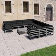 13pcs conjunto lounge de jardim + almofadões pinho maciço cinza