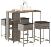 vidaXL 5 pcs conjunto de bar p/ jardim c/ almofadões vime PE cinzento