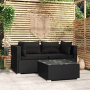 3 pcs conjunto lounge de jardim c/ almofadões vime PE preto