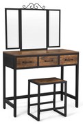 Conjunto de penteadeira e banqueta VASAGLE, penteadeira com espelho triplo, 3 gavetas, penteadeira com estrutura de aço, estilo industrial, marrom rústico e preto RVT02BX