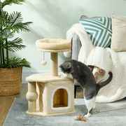 Arranhador para Gatos com Cama Caverna Plataforma Bola Suspensa e Poste de Juta 42x30x66 cm Bege