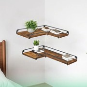 Prateleiras de canto em forma de L, conjunto de 2 castanho vintage + preto