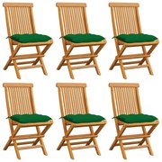 vidaXL Cadeiras de jardim c/ almofadões verdes 6 pcs teca maciça