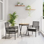 vidaXL Conjunto de Bistro de Jardim 3 Peças com Almofadas de Rattan Pretas