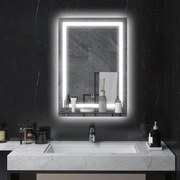 Espelho para Casa de Banho 50x70 cm com Moldura de Alumínio, Luzes LED Interruptor Tátil e Prateleira de Vidro para Casa de Banho Prata
