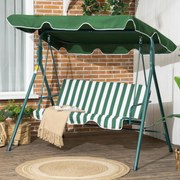 Baloiço de Jardim de 3 Lugares com Almofada Toldo Ajustável e Estrutura de Metal 172x110x153cm Verde e Branco