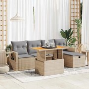 6 pcs conjunto sofás jardim com almofadões vime PE/acácia bege