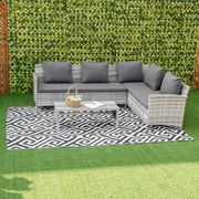 Tapete de Exterior 182x274 cm Tapete Reversível com Desenho Geométrico Impermeável para Varanda Campismo Praia Branco e Preto