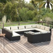 vidaXL 12 pcs conjunto lounge de jardim c/ almofadões vime PE preto