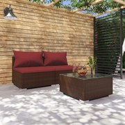 3 pcs conjunto lounge jardim c/ almofadões vime PE castanho