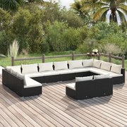 vidaXL 12 pcs conjunto lounge de jardim c/ almofadões vime PE preto