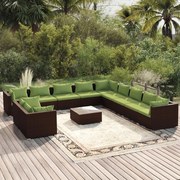 12 pcs conjunto lounge de jardim c/ almofadões vime PE castanho