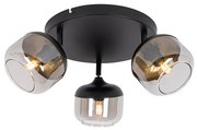 Candeeiro de teto design preto com dourado e vidro fumê 3-luzes redondo - Kyan Design